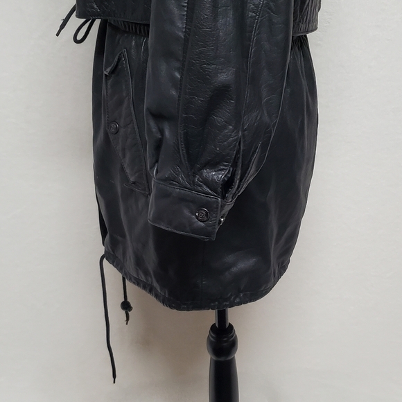 VINTAGE 80s Zenia Black Leather Hooded Tie-Waist Thermolite Lined Layered Jacket - Picture 11 of 16